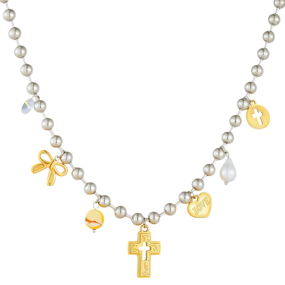 18k Gold and Silver Plated Charm Cross & Fresh Water Pearl Necklace